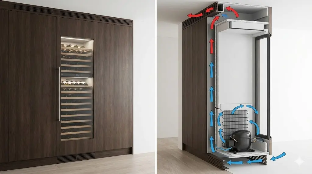 매립형 쇼케이스의 원활한 열 배출을 위한 상하부 통풍 시스템과 냉각 설계 구조.
