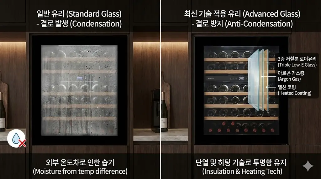 특수 코팅 및 단열 기술로 김 서림 없이 투명함을 유지하는 쇼케이스 유리문.