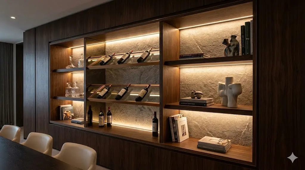 매립형 LED 조명과 투명 선반으로 진열 제품을 돋보이게 하는 디스플레이 연출.