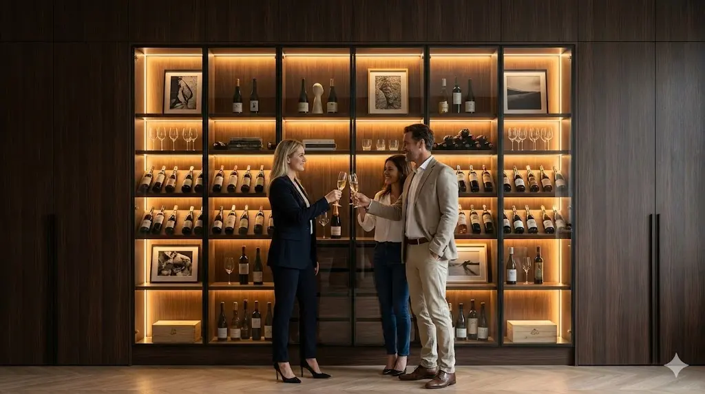 인테리어의 품격과 실용성을 동시에 완성한 최종 빌트인 쇼케이스 설치 모습.