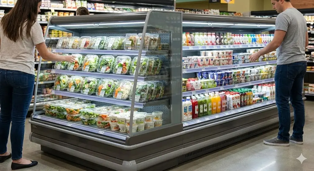 장애물 없이 고객들이 자유롭게 양쪽에서 신선 식품을 집어 들고 있는 360도 개방형 아일랜드 쇼케이스의 모습