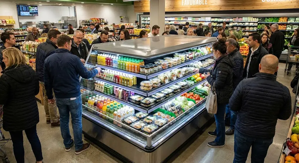 매장 중앙에 위치한 아일랜드형 오픈 쇼케이스 주변으로 수많은 고객이 몰려들어 상품을 고르고 있는 활기찬 마트 전경