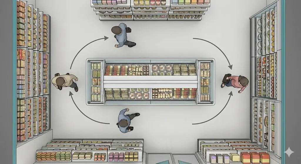좁은 매장 중앙에 배치된 아일랜드 쇼케이스 주변을 고객들이 자연스럽게 돌며 쇼핑하는 모습을 보여주는 평면도(회유 동선)