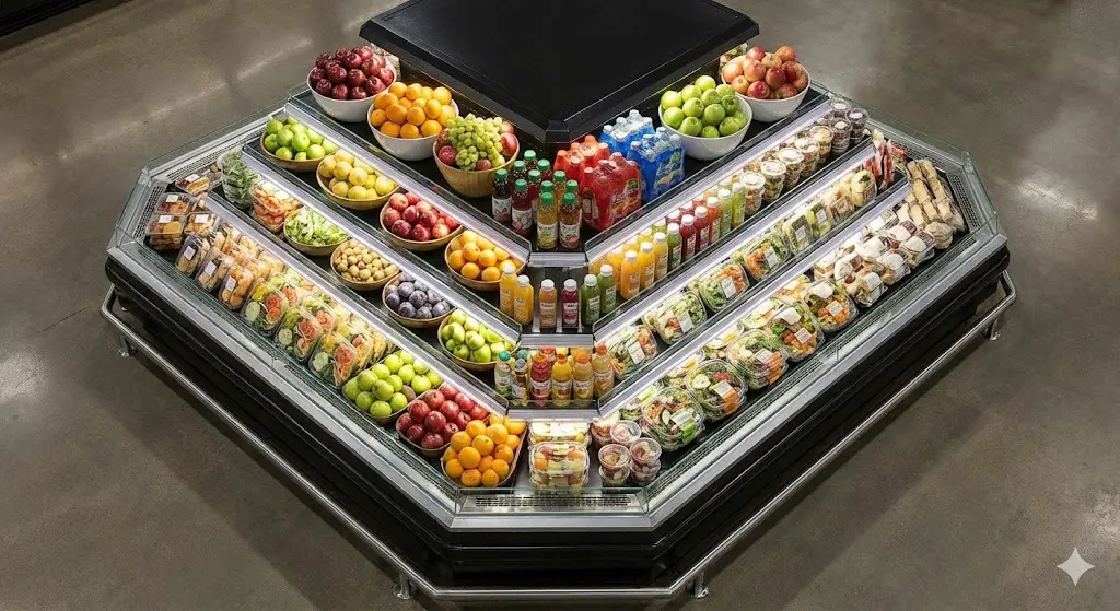 밝은 LED 조명 아래 신선한 과일과 샐러드가 중앙이 높은 피라미드 형태로 풍성하게 진열된 아일랜드 쇼케이스 부감(위에서 내려다본 모습)