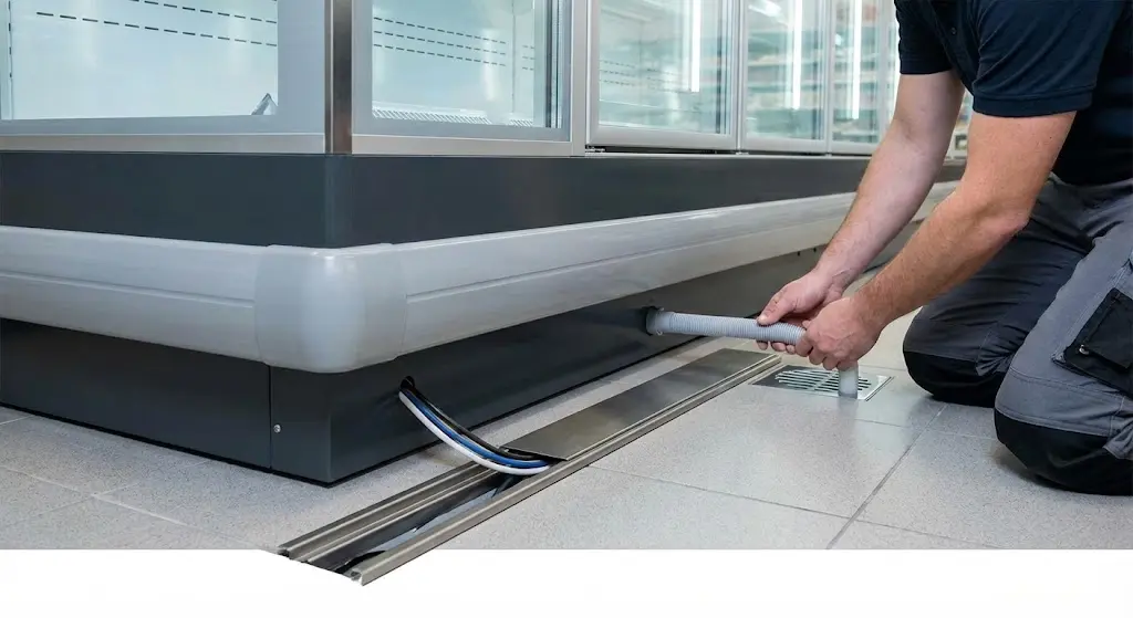 아일랜드 쇼케이스 설치 시 바닥 배수구와 연결되는 배수 호스 및 깔끔하게 매립된 전선 처리 모습을 보여주는 클로즈업 사진