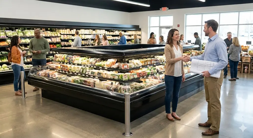 성공적인 매장 운영을 상징하는 활기찬 식료품점 내부. 아일랜드 쇼케이스 옆에서 웃고 있는 여성 점주와 도면을 든 컨설턴트가 악수를 나누고 있고, 주변 고객들이 쇼핑을 즐기는 모습