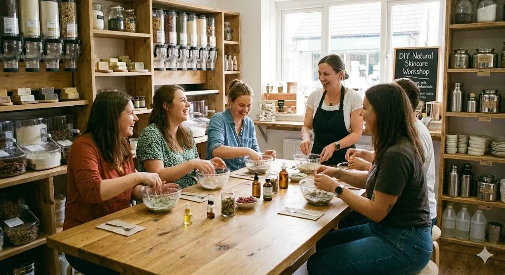제로웨이스트 상점 내 큰 테이블에 모여 앉아 웃으며 천연 화장품 만들기 워크숍에 참여하고 있는 사람들의 활기찬 모습.