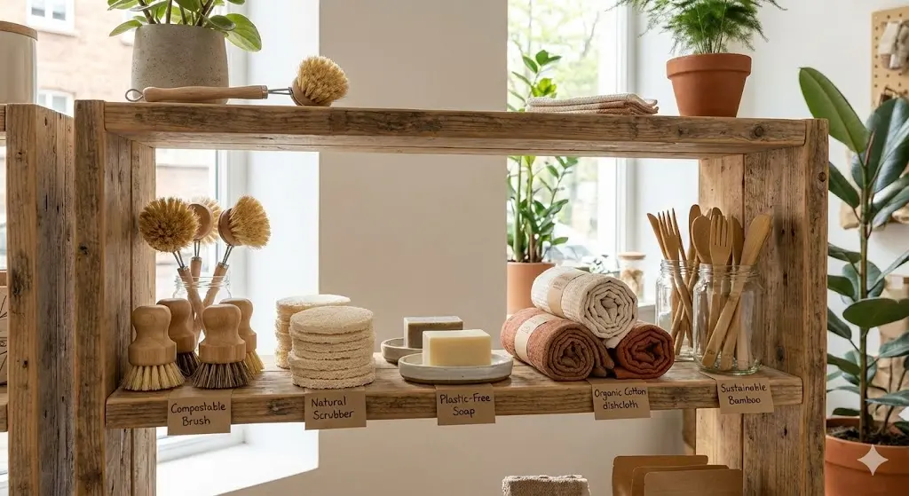 천연 수세미, 나무 솔 등 플라스틱 없는 주방용품으로만 전문적으로 큐레이션 된 목재 진열 선반. 제품의 친환경적 특징을 설명하는 작은 안내문들이 함께 배치됨.