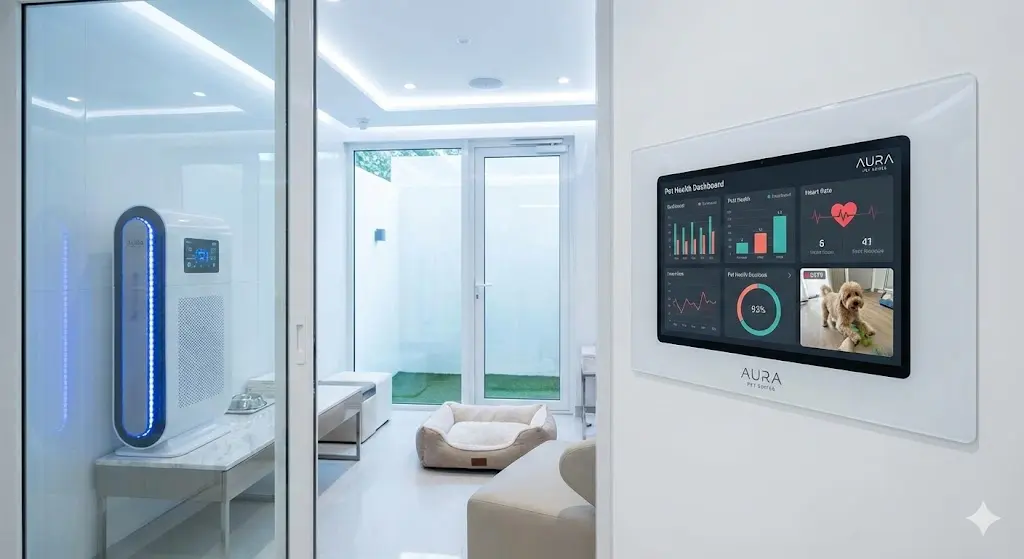 "프리미엄 펫호텔 개별룸에 설치된 디지털 태블릿 화면. 반려동물의 건강 상태 로그와 실시간 CCTV 화면이 표시되어 있으며, 먼지 하나 없이 깨끗한 유리문과 고성능 공기청정 시스템이 완비된 철저한 위생 및 운영 관리 현황."