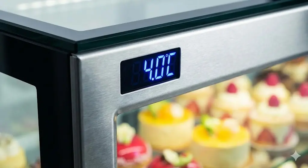 디지털 온도계에 4.0°C가 선명하게 표시된 고성능 쇼케이스와 습기 하나 없이 깨끗한 유리 프레임 디테일.