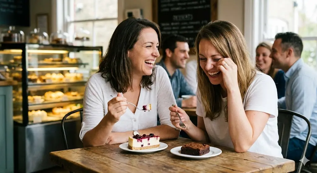 따뜻한 조명 아래 디저트를 공유하며 즐겁게 대화하는 고객들의 행복한 모습과 배경에 보이는 은은한 쇼케이스 조명.