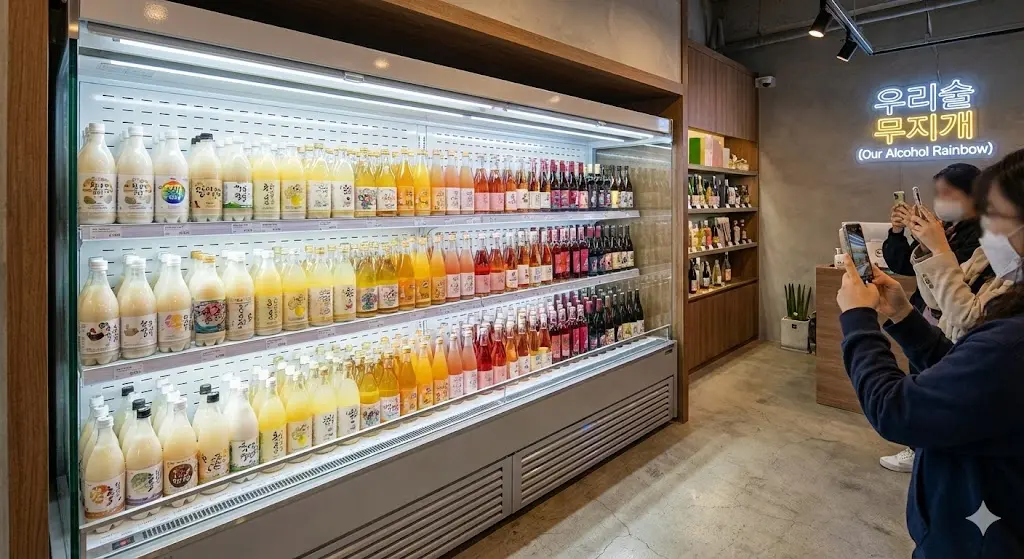 "다양한 색감의 막걸리가 컬러 그라데이션으로 진열된 오픈형 전통주 냉장고"