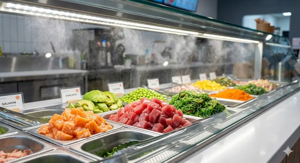 선명한 조명 아래 신선한 연어, 참치, 아보카도 등 다양한 토핑이 가득 담긴 오픈형 쇼케이스 클로즈업.