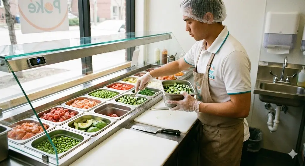 청결한 유니폼을 입은 직원이 쇼케이스 뒤에서 위생적으로 신선한 토핑 재료를 보충하는 모습.