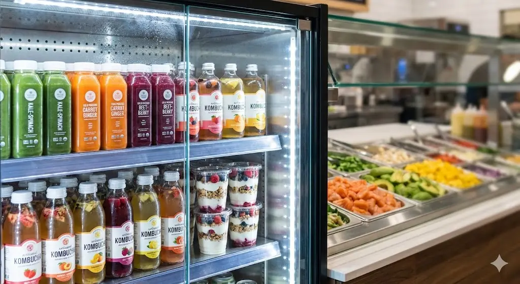 메인 쇼케이스 옆에 진열된 컬러풀한 착즙 주스와 콤부차 등 건강 음료 그랩앤고 진열대.