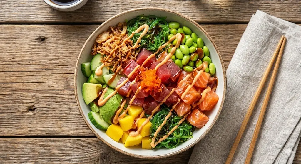 다채로운 색감의 신선한 해산물과 채소가 예술적으로 담긴 프리미엄 커스텀 포케 볼 푸드 스타일링.