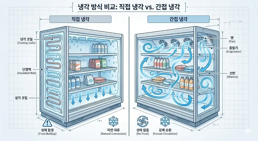 글로만 설명하면 어려운 직냉식과 간냉식의 차이를 직관적인 테크니컬 일러스트로 보여줍니다.