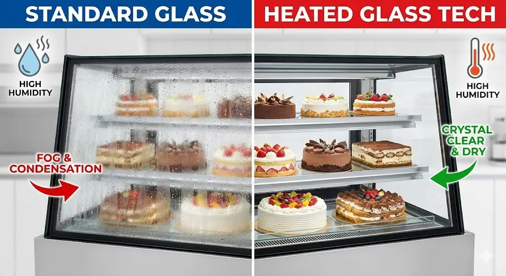 "결로 현상으로 뿌연 일반 유리와 열선 기술이 적용되어 투명한 상업용 냉장 진열대 비교"