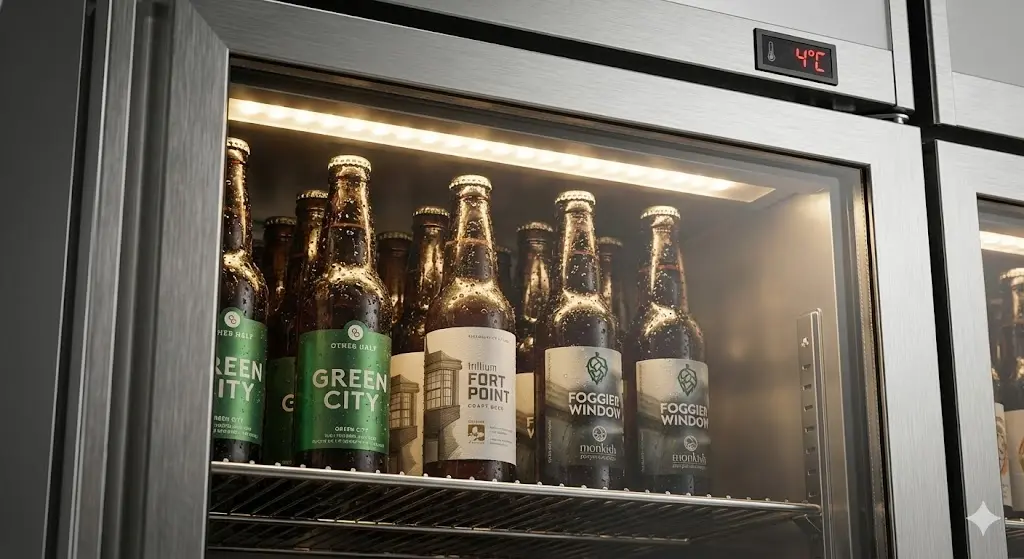 "결로 현상 없이 투명한 유리 도어 너머로 보이는 시원한 맥주병과 4도로 유지되는 온도 표시창"