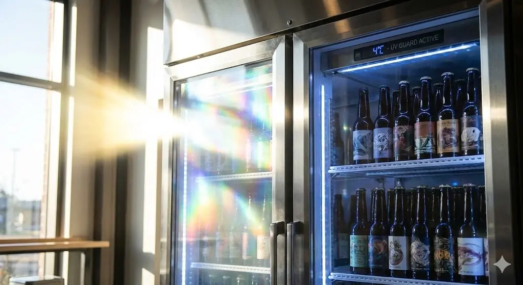 외부의 강렬한 빛(햇빛 또는 강한 조명)이 냉장고 유리에 닿았을 때, 안으로 투과되지 않고 반사되어 차단되는 모습을 극적으로 표현합니다.