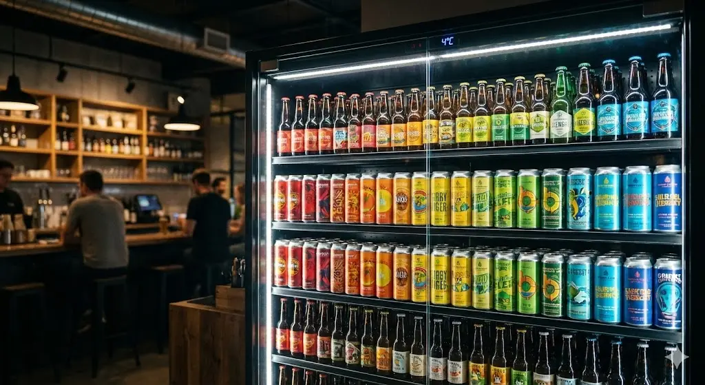 맥주 캔과 병들이 빨강-주황-노랑-초록-파랑 등 **무지개색 그라데이션(Color Gradient)**으로 정렬되어 시각적인 즐거움을 줍니다.