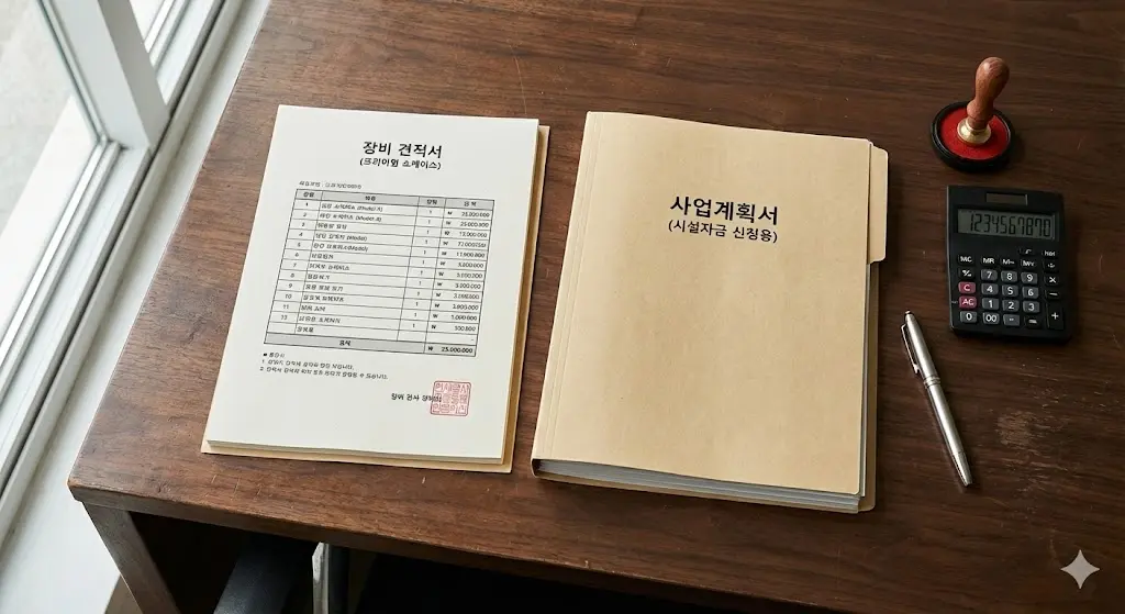 자금 신청에 필수적인 '구체적인 견적서'와 '계획서'를 보여주어 전문적이고 준비된 이미지를 연출합니다.