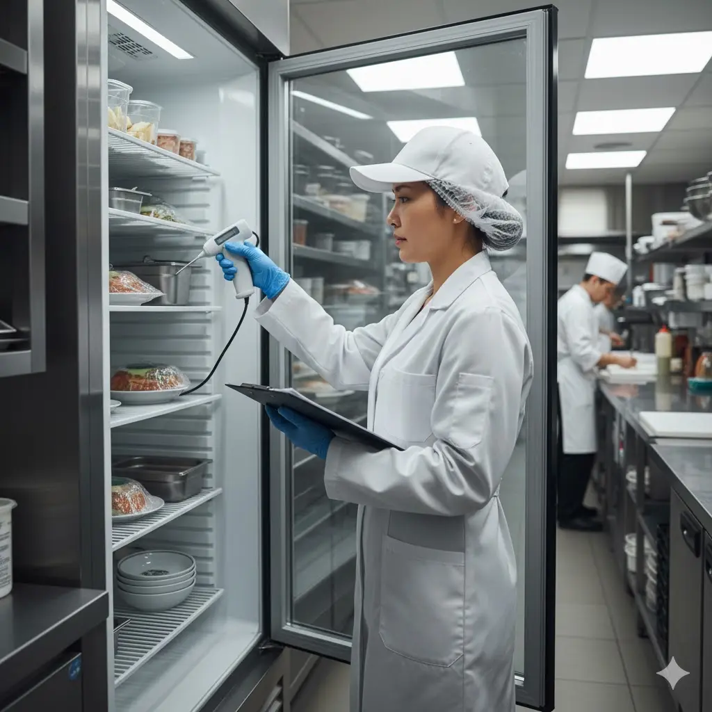 흰색 위생복과 파란색 장갑을 착용한 식품 위생 전문가가 전문 주방의 상업용 유리문 냉장고 내부 온도를 디지털 온도계로 측정하며 점검하는 모습.