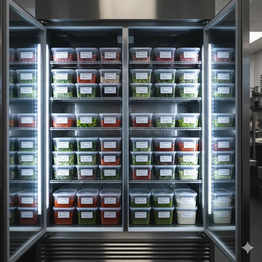 투명한 밀폐 용기에 담겨 각각 라벨링된 고기, 채소, 소스 등 다양한 식재료가 상업용 냉장고 선반에 체계적으로 구분되어 정리된 내부 모습.