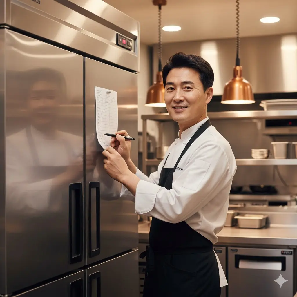 밝게 미소 짓는 남성 요리사가 주방의 대형 스테인리스 업소용 냉장고 문에 부착된 온도 관리 기록지에 점검 내용을 작성하고 있는 모습.