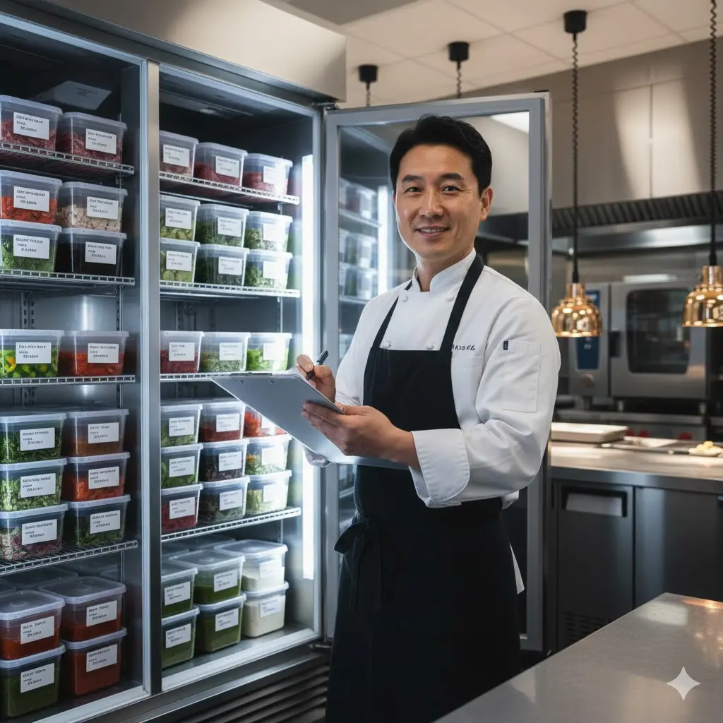 깨끗한 주방에서 체크리스트를 확인하며 미소 짓는 남성 요리사와 잘 정리된 업소용 냉장고의 모습. 성실한 위생 관리 습관을 상징하는 이미지.