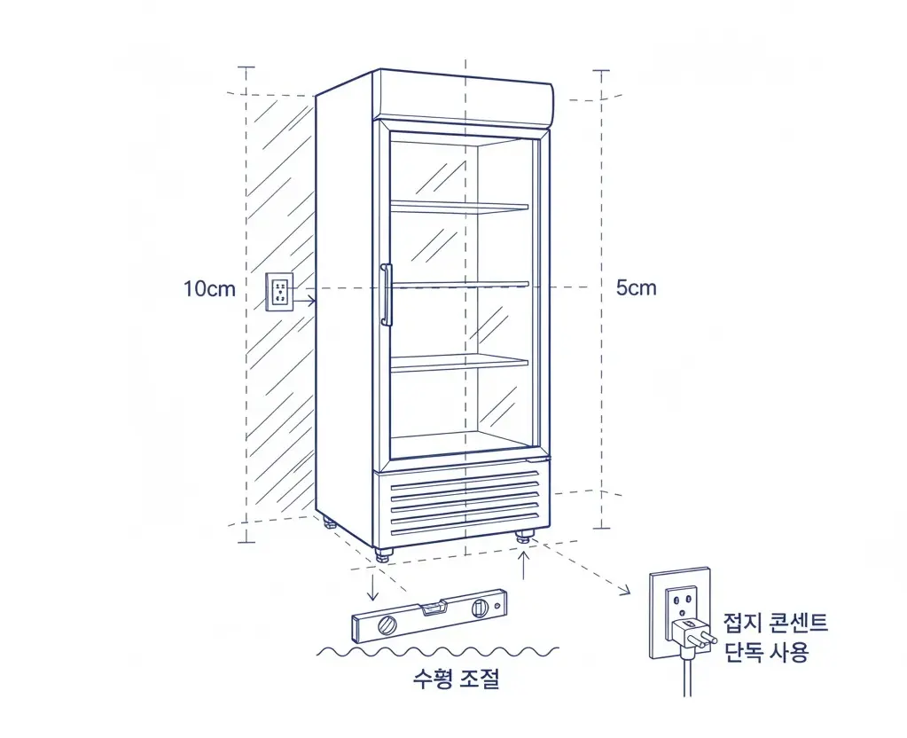 쇼케이스 냉장고 설치 시 필요한 전기 용량과 공간 확보 도면