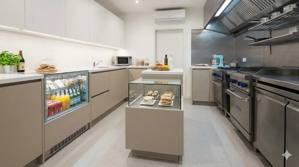 좁은 주방 인테리어를 효율적으로 활용하기 위해 하부장에 깔끔하게 매립된 빌트인 타입 냉장 쇼케이스와 조화를 이루는 주방 전경