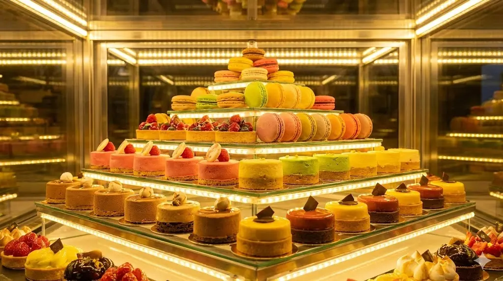 밝은 LED 조명 아래 화려한 디저트와 음료들이 입체적인 피라미드 형태로 진열되어 시선을 사로잡는 냉장 쇼케이스 내부 진열 모습