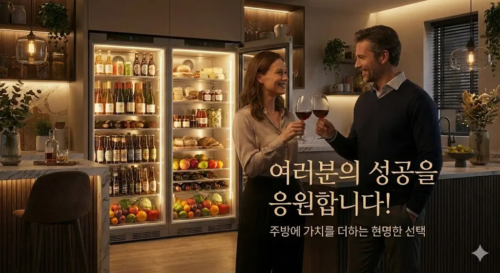 세련된 주방 인테리어를 배경으로 남녀가 와인 잔을 부딪치며 미소 짓고 있는 성공적인 비즈니스의 모습입니다. 뒤편에는 은은한 LED 조명이 켜진 두 대의 대형 냉장 쇼케이스가 음료와 식재료로 가득 차 있으며, 이미지 중앙에는 '여러분의 성공을 응원합니다! 주방에 가치를 더하는 현명한 선택'이라는 문구가 적혀 있습니다.