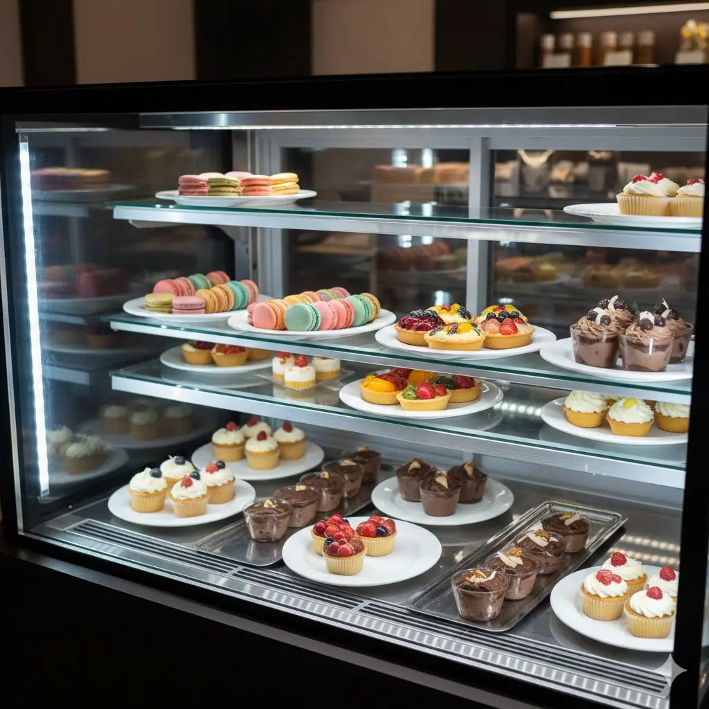 밝은 LED 조명으로 결로 현상 없이 디저트가 돋보이는 쇼케이스 진열 모습