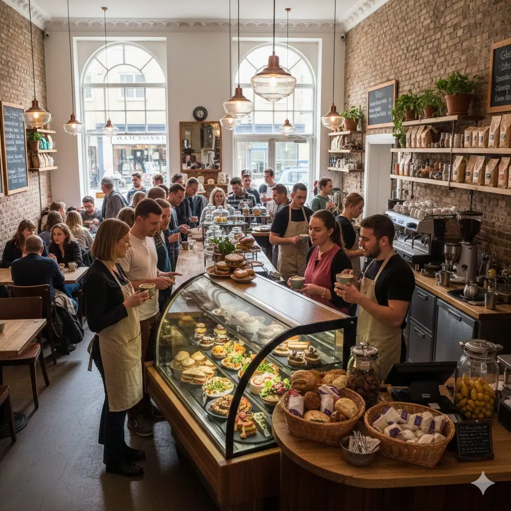 성공적인 개인 카페 창업 후 손님들로 붐비는 활기찬 매장 전경
