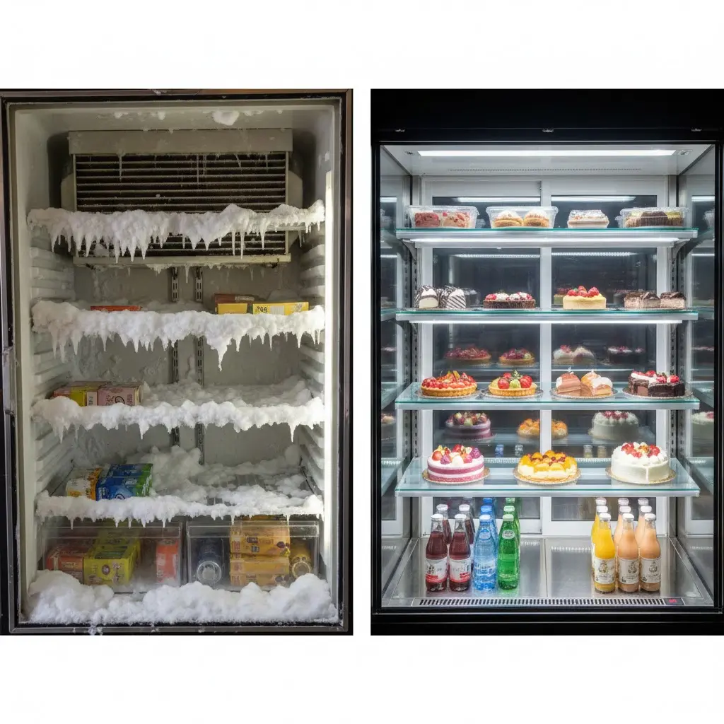 성에가 잔뜩 낀 직냉식과 깨끗한 간냉식 쇼케이스 비교 사진 