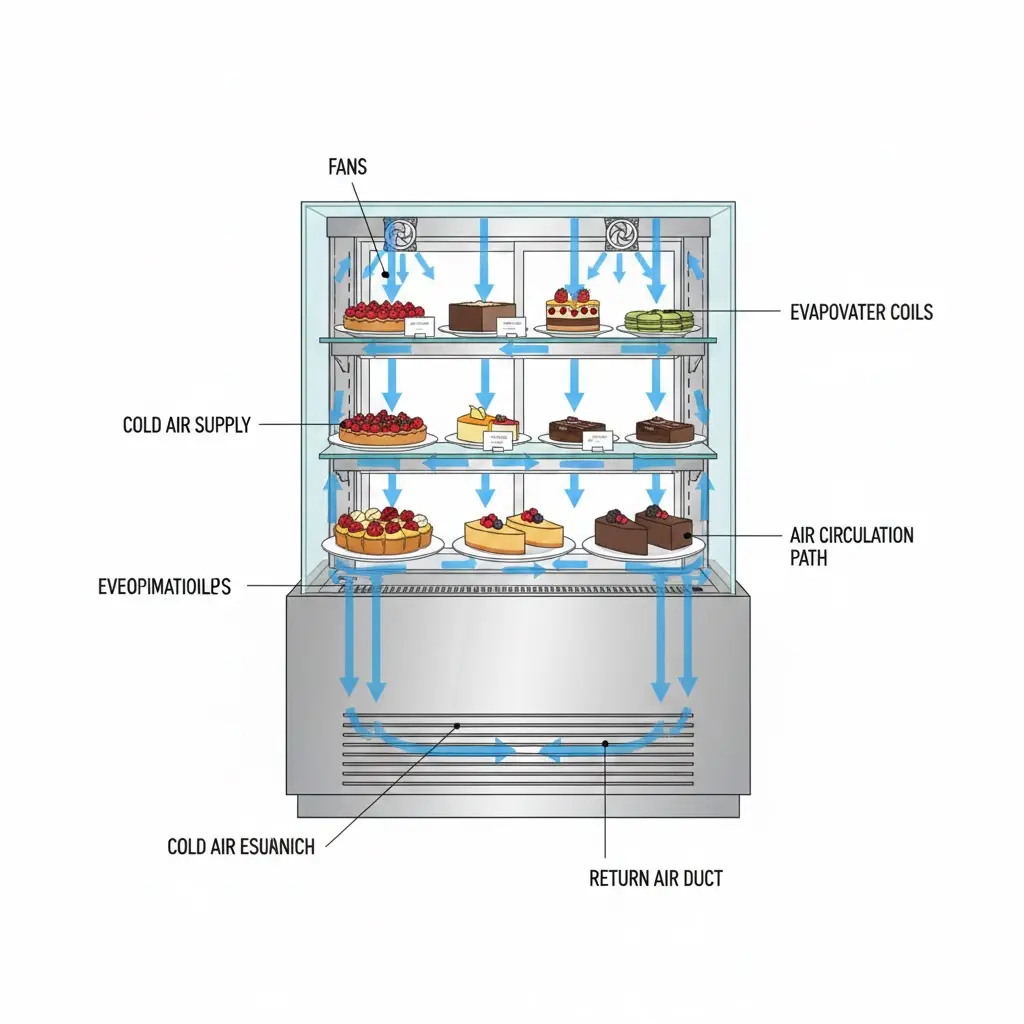 팬이 돌아가며 찬 바람을 순환시키는 간냉식 작동 원리 다이어그램