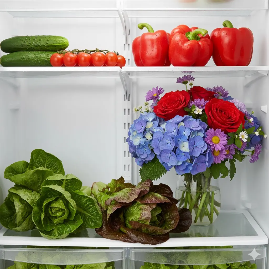 수분감이 가득한 신선한 채소와 꽃 보관 모습