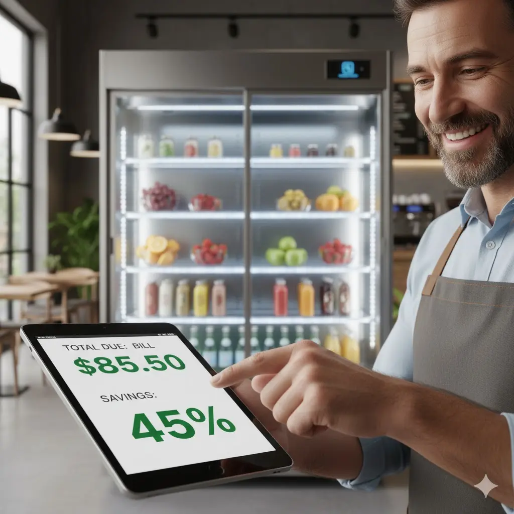 인버터 냉장고 사용 후 줄어든 전기세 고지서를 확인하며 만족해하는 사장님