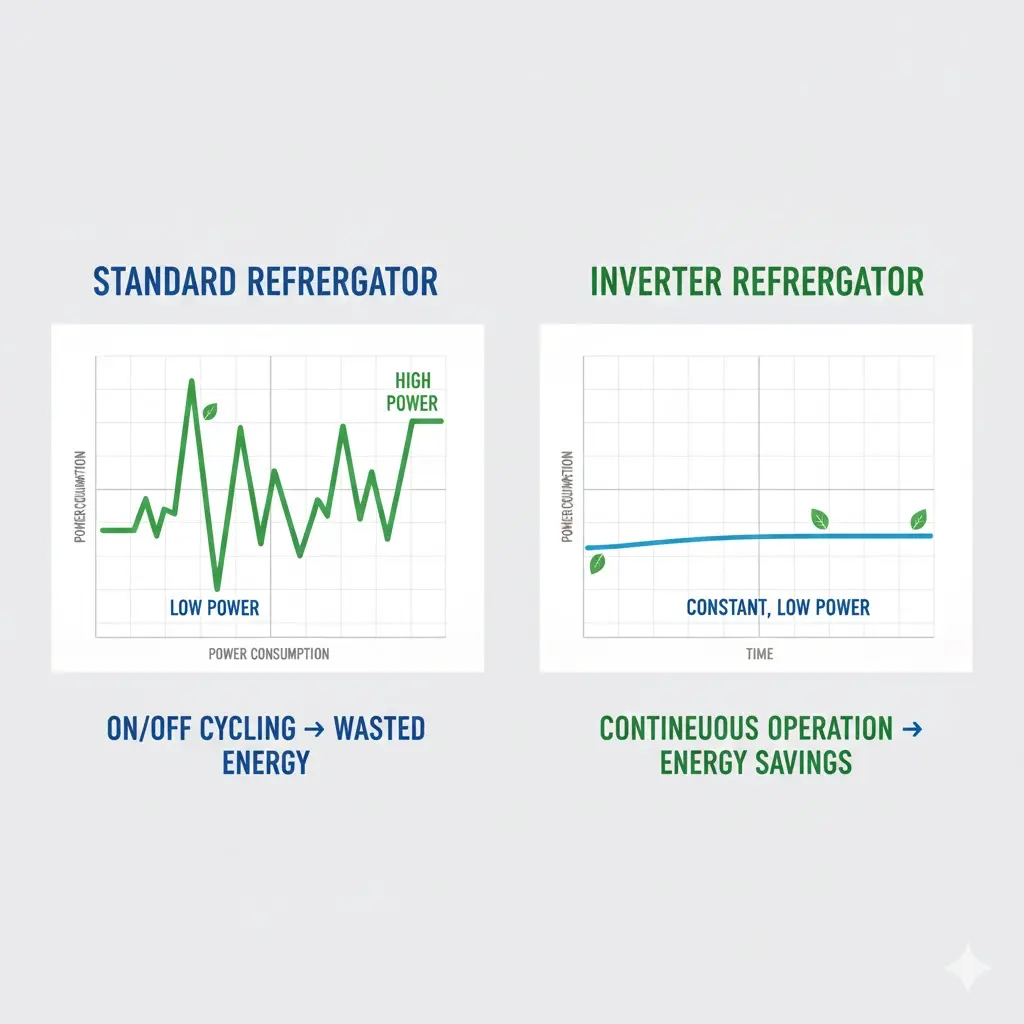일반 냉장고와 인버터 냉장고의 전력 소모 흐름 비교 그래프