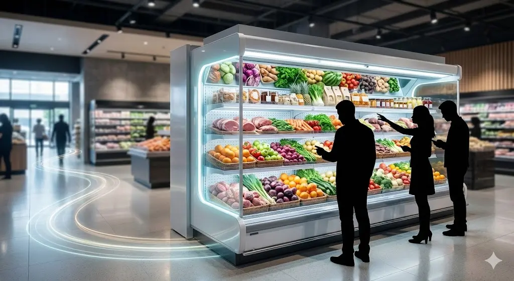 대형마트 신선식품 코너에 설치된 세련된 다단 오픈 쇼케이스의 모습입니다. 16:9 가로형의 넓은 화면에 밝고 깨끗한 LED 조명이 과일과 채소의 신선함을 극대화하며, 문이 없는 개방형 구조로 고객의 접근성과 매장의 개방감을 높여주는 현대적인 마트 인테리어 디자인을 보여줍니다.