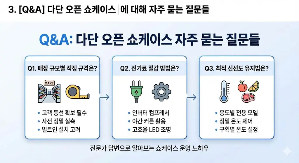 다단 오픈 쇼케이스에 대한 자주 묻는 질문과 답변(Q&A)을 정리한 인포그래픽 이미지입니다. '매장 규모별 적정 규격', '전기료 절감 방법', '최적 신선도 유지법' 등 세 가지 주요 질문에 대한 핵심 답변이 아이콘과 함께 알기 쉽게 요약되어 있어, 대형마트 운영자가 쇼케이스 구매 및 관리 시 고려해야 할 실질적인 정보를 제공합니다.
