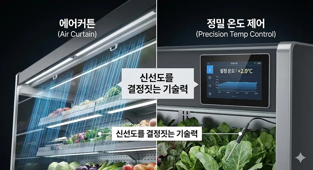 다단 오픈 쇼케이스의 핵심 기술을 설명하는 분할 인포그래픽 이미지입니다. 왼쪽 '에어커튼 (Air Curtain)' 패널은 쇼케이스 상단에서 선반으로 파란색 냉기 흐름이 에어커튼처럼 내려와 내부 신선도를 유지하는 모습을 시각적으로 보여주며, '신선도를 결정짓는 기술력'이라는 텍스트 상자와 연결됩니다. 오른쪽 '정밀 온도 제어 (Precision Temp Control)' 패널은 설정 온도 +2.0°C와 안정적인 온도 그래프가 표시된 디지털 제어 화면, 그리고 신선한 채소 사이에 삽입된 온도 센서 프로브를 보여주며, 이 역시 '신선도를 결정짓는 기술력'이라는 텍스트와 연결되어 두 기술이 식품 신선도 유지의 핵심임을 강조합니다.