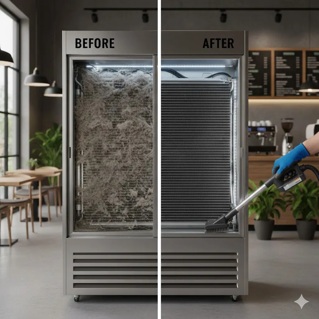 냉각 효율을 높이고 소음을 줄이기 위해 응축기 먼지를 청소하는 모습