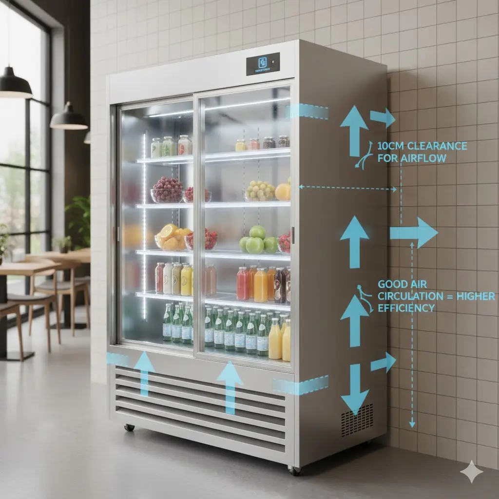 통풍이 잘되도록 벽면과 적당한 간격을 두고 설치된 쇼케이스