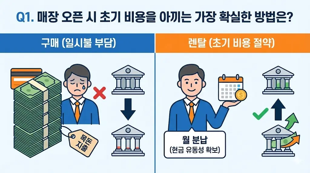 쇼케이스 구매의 목돈 부담과 렌탈의 월 분납 효과를 비교한 'Q1. 초기 비용 절감 방법' 인포그래픽 이미지입니다.
