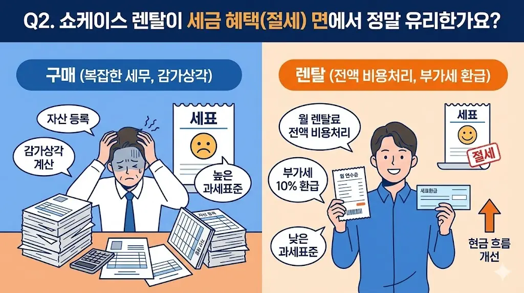 쇼케이스 구매 시 복잡한 세무와 렌탈 시 전액 비용처리 및 부가세 환급 혜택을 비교한 'Q2. 세금 혜택(절세) 효과' 인포그래픽 이미지입니다.