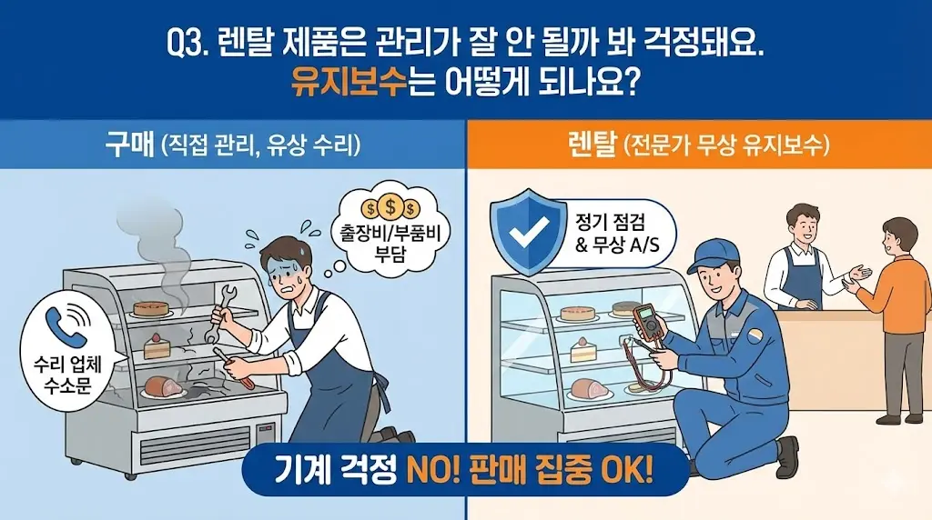 쇼케이스 구매 시 직접 유상 수리를 해야 하는 부담과 렌탈 시 전문가의 정기 점검 및 무상 A/S 혜택을 비교한 'Q3. 유지보수 걱정 해결' 인포그래픽 이미지입니다.