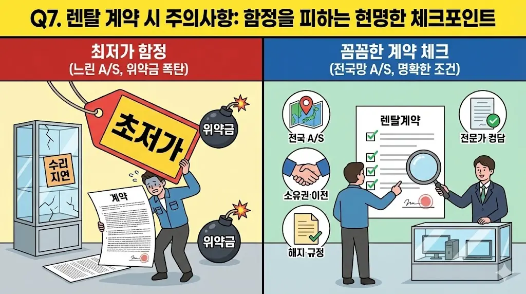 쇼케이스 렌탈 계약 시 발생할 수 있는 '최저가 함정'과 이를 피하기 위한 '꼼꼼한 계약 체크포인트'를 비교하여 현명한 선택을 돕는 이미지입니다.